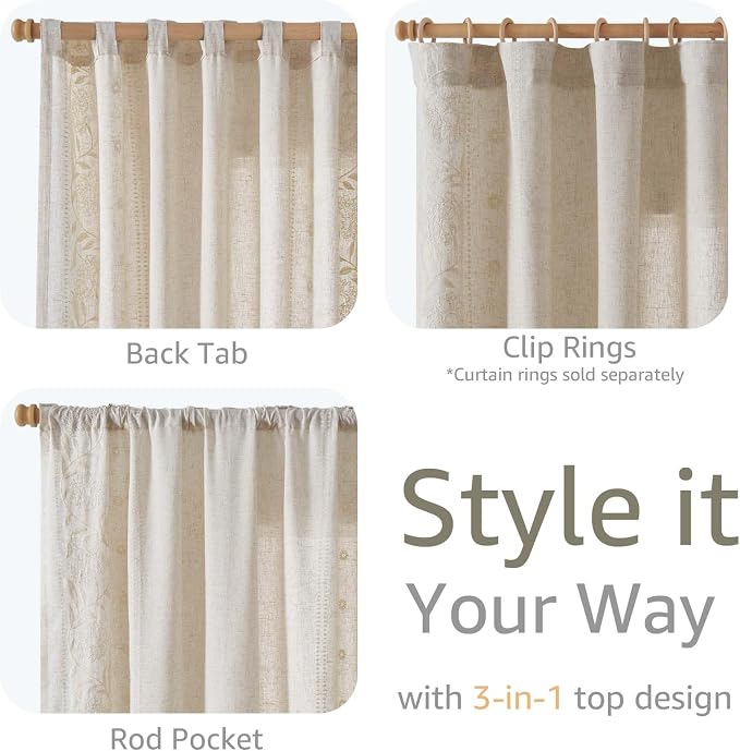jinchan Winslow Linen Curtains for Living Room Floral Curtains 96 Inch Length - Image 6
