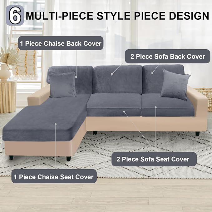 NAISI Sectional Couch Covers 6 Pieces Velvet Couch Cushion Covers L Shape Soft - Image 5