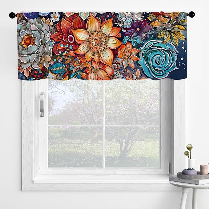 Boho Flower Kitchen Curtains Colorful Oil Painting Flowers Design - Image 4