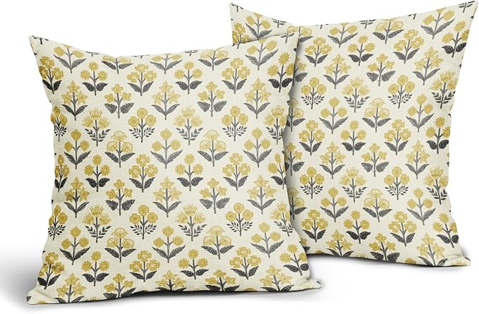 Black Yellow Floral Pillow Covers 20x20 Inch Set of 2, Vintage Flower Block - Image 2