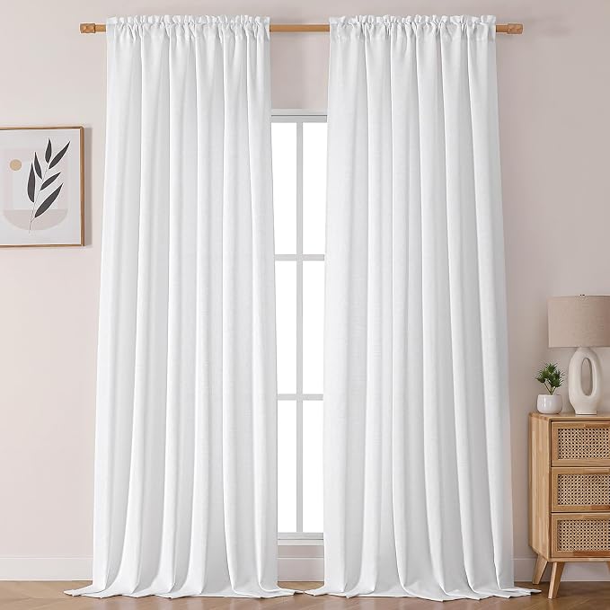 Chyhomenyc White Curtains 108 Inch Length 2 Panels Set, Faux Linen Textured by Chyhomenyc