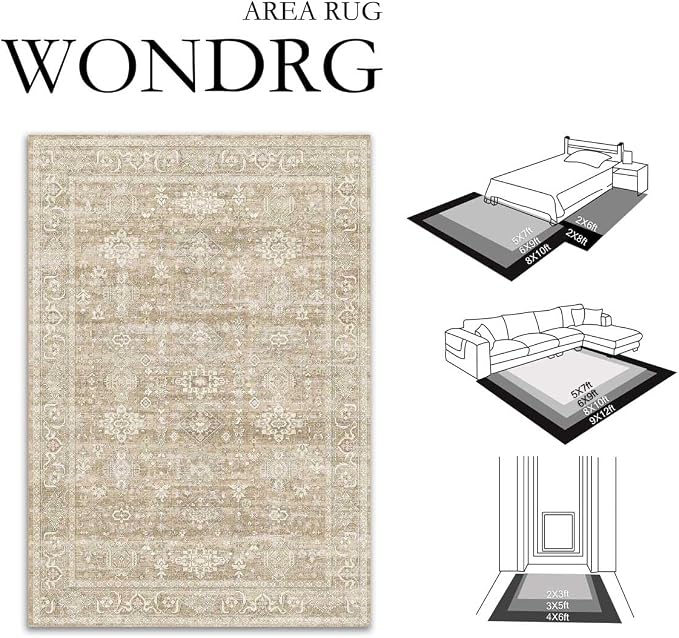 6x9 Washable Area Rug for Living Room Bedroom Vintage Beige Carpet Soft Low - Image 2