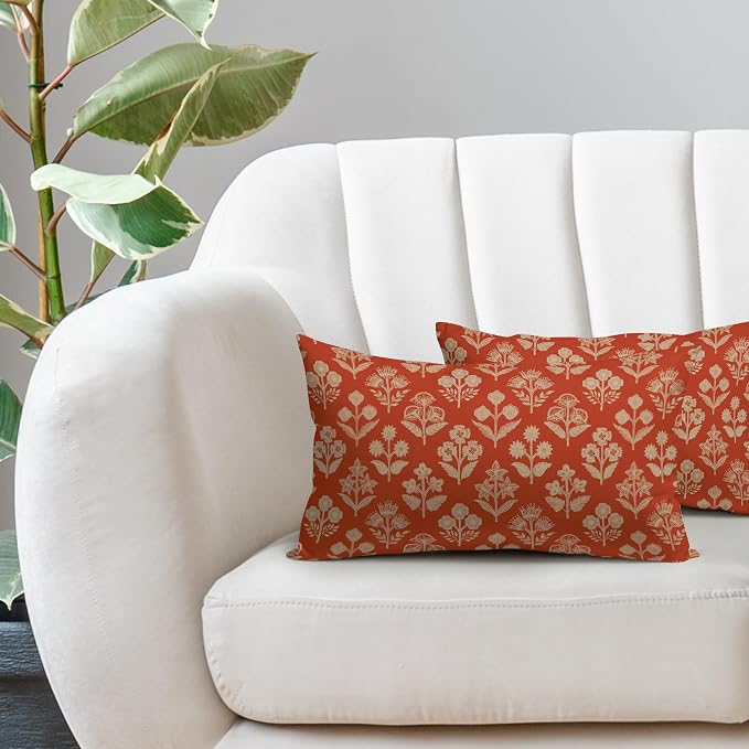 Dark Orange Pillow Covers 12x20 Inch Set of 2, Cream Floral Block Print Pattern - Image 5