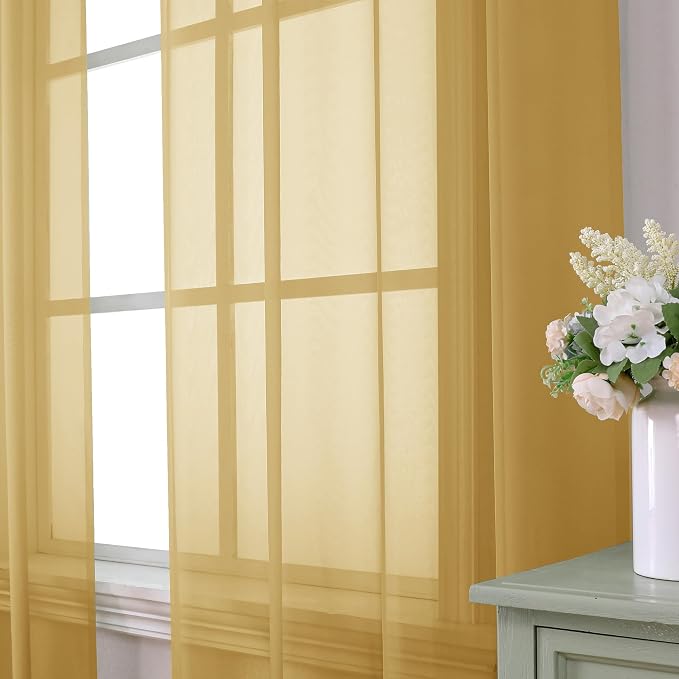 Aiyufeng Gold Sheer Curtain 90 Inches Long 2 Panels Set, Light Filtering Gold - Image 2