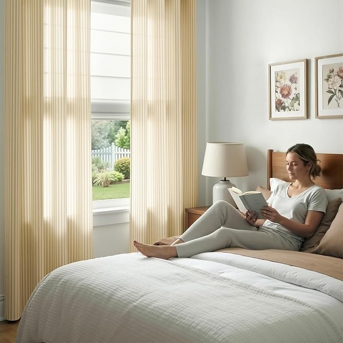 jinchan Linen Curtains for Living Room Yellow Vertical Striped on White - Image 3