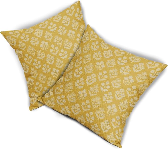 Yellow Floral Block Print Pillow Covers 16x16 Inch Set of 2, Vintage Flower - Image 8
