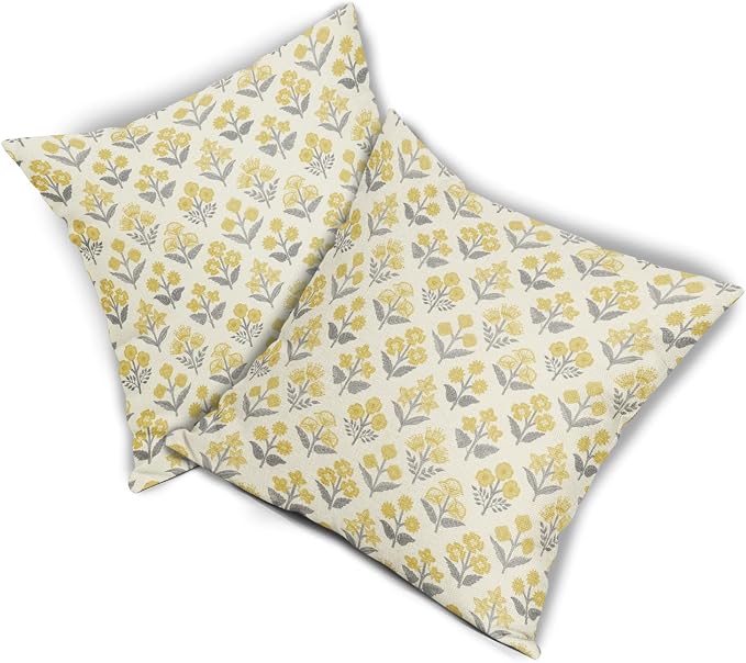 Yellow Grey Gray Floral Block Print Pillow Covers 20x20 Inch Set of 2, Vintage - Image 8
