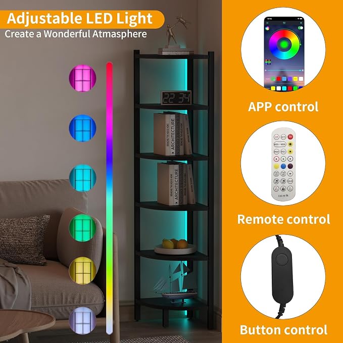 Corner Shelf with LED Lights, 6-Tier Corner Bookshelf - Image 3