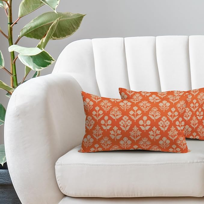 Orange Pillow Covers 12x20 Inch Set of 2, Cream Floral Block Print Pattern - Image 5