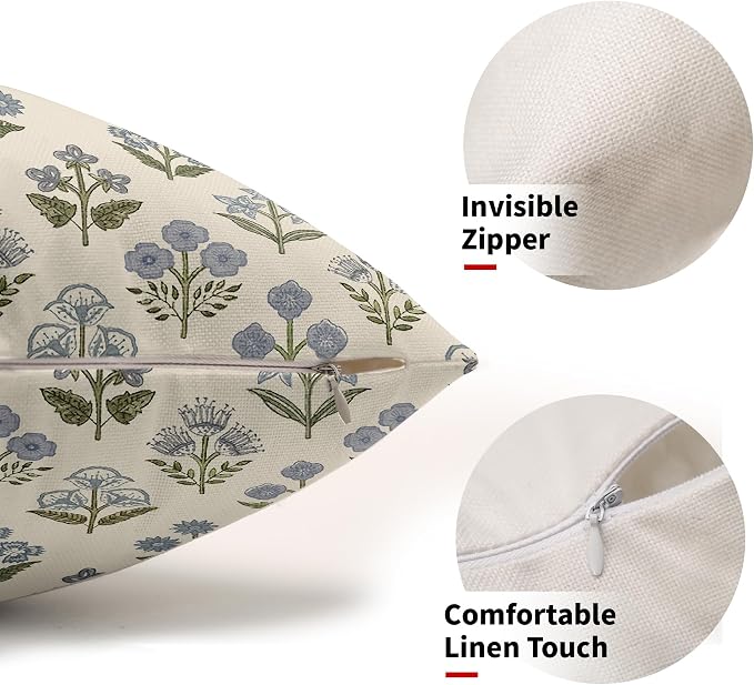 Blue Green Block Print Lumbar Pillow Covers 12x20 Inch Set of 2, Vintage Floral - Image 3