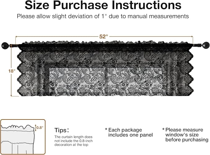 Rinwoc Black Lace Semi-Sheer Kitchen Valance Curtains – Vintage Floral Lace - Image 2