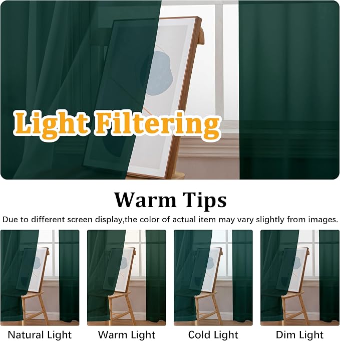 Gwine Hunter Green Sheer Kitchen Curtains 36 Inch Length, Light Filtering Voile - Image 5