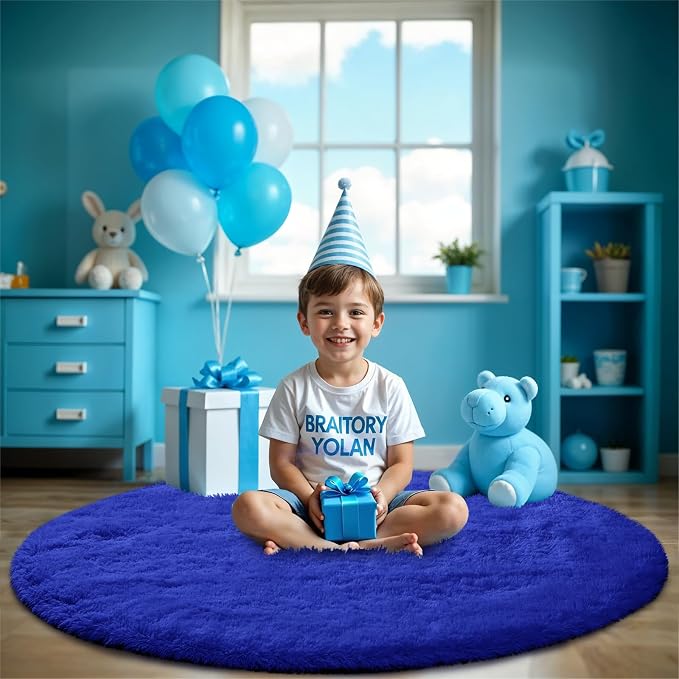 Fluffy Round Rugs for Bedroom Blue: 4ft Fluffy Circle Area Rug for Kids Room- - Image 4