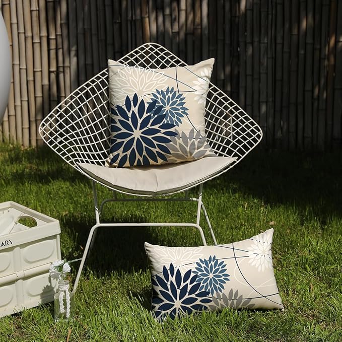 Blue and Gray Floral Pillow Covers 12x20 Set of 2 Outdoor Waterproof White - Image 4