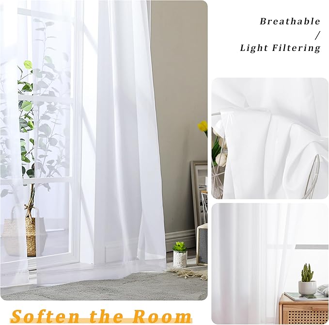 Gwine White Sheer Curtains 90 Inches Long 2 Panels Set, Light Filtering Solid - Image 3