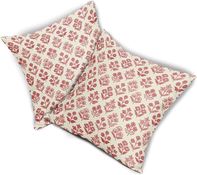 Red Floral Pillow Covers 22x22 Inch Set of 2, Vintage Flower Block Pattern - Image 8