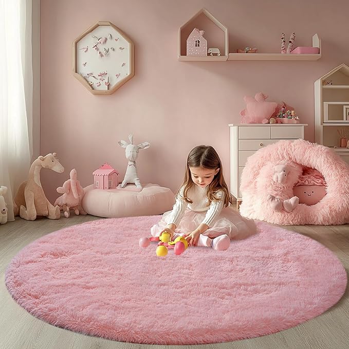 Round 5x5ft Fluffy Blush Rug: Ultra Soft Furry Girls Bedroom Carpet- Circle by CAIYUECS