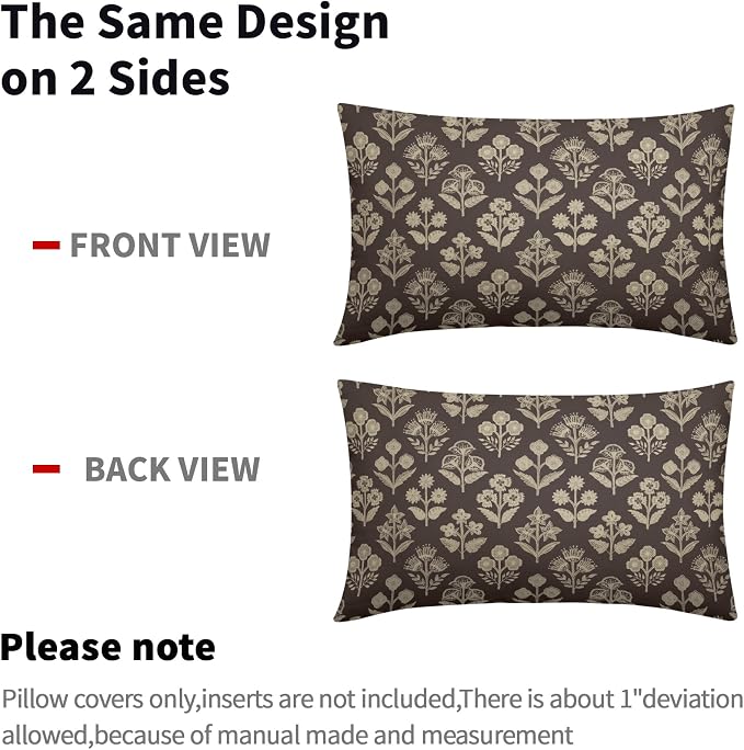 Drak Brown Pillow Covers 12x20 Inch Set of 2, Cream Floral Block Print Pattern - Image 4