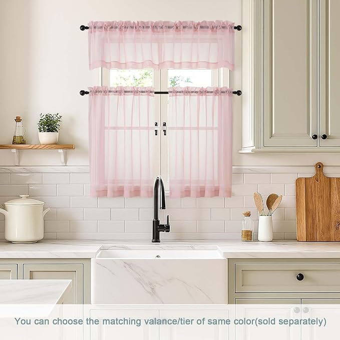 Blush Pink Small Sheer Curtains 2 Panels Set, Kitchen Curtains 36 Inch Length - Image 2