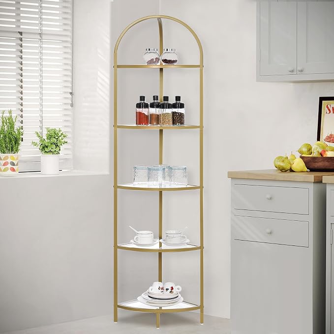 Homhedy 5-Tier Corner Shelf Stand, Metal Corner Bookshelf, Tempered Glass - Image 4