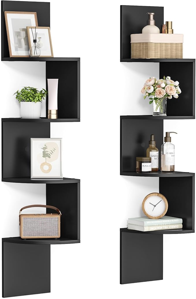 VASAGLE Set of 2, Corner Shelves Wall Mount, 4-Tier Floating Corner Bookshelves by VASAGLEbySONGMICSHOME