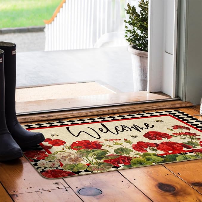 Spring Summer Door Mat, Geranium Bee Red Floral Buffalo Plaid Indoor Outdoor - Image 5