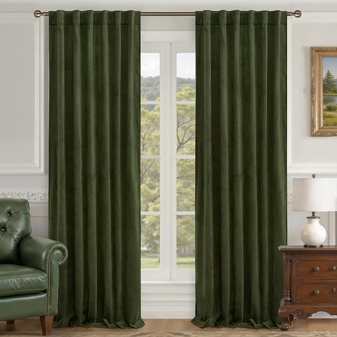 LAMIT Olive Green Velvet Curtains 108 Inch Length by LAMIT