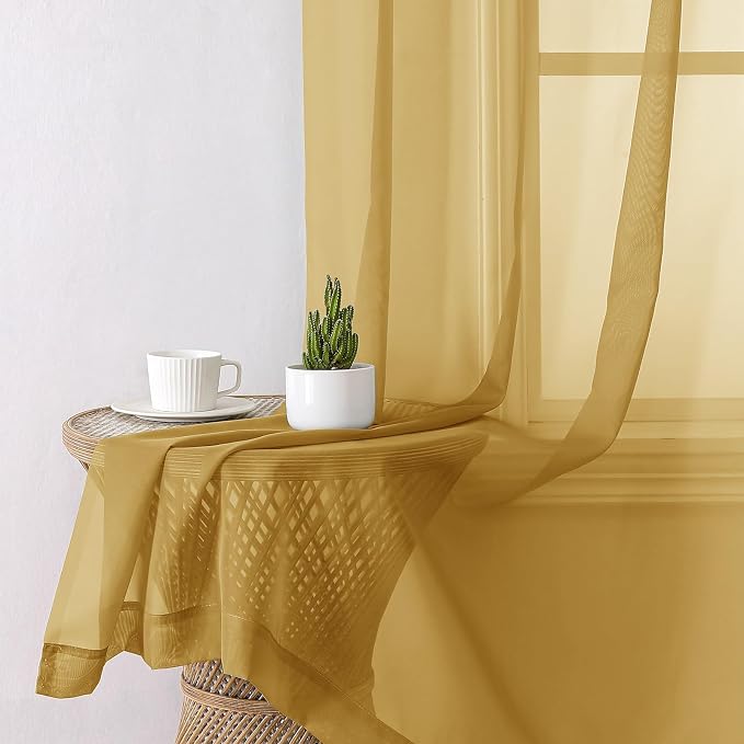Lecloud Gold Sheer Curtains 72 Inch Length 2 Panels, Light Filtering Voile - Image 4