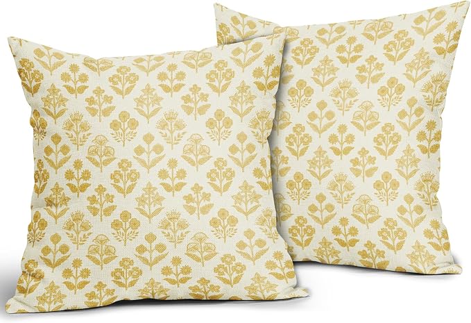 Yellow Floral Pillow Covers 22x22 Inch Set of 2, Vintage Flower Block Print - Image 2