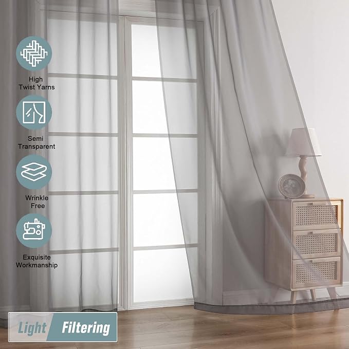 Grey Sheer Curtains 63 Inch Length 2 Panels, Voile Sheer Curtain - Image 5