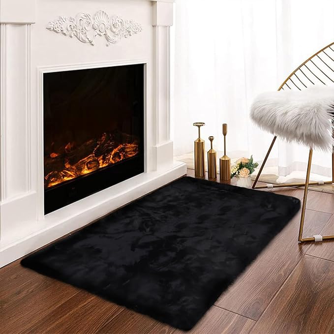 Latepis Small Black Fluffy Rug 2x3 Throw Faux Rabbit Fur Soft Rug Washable by Latepis