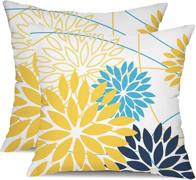Yellow and Dark blue Floral Pillow Covers 18x18 Set of 2 Outdoor Waterproof by DFXSZ