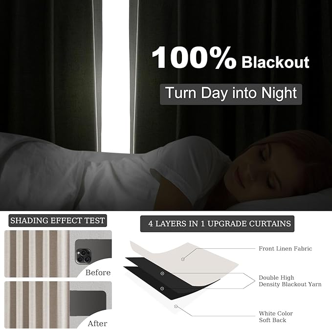 Topfinel 94 Inch Long Linen Blackout Curtains 2 Panel Set, Greige Natural - Image 7