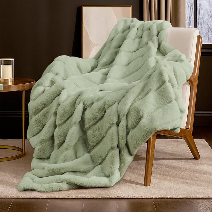 Cozy Bliss Deluxe Sheared Rabbit Faux Fur Throw Blanket, Soft Fuzzy High-Low by CozyBliss