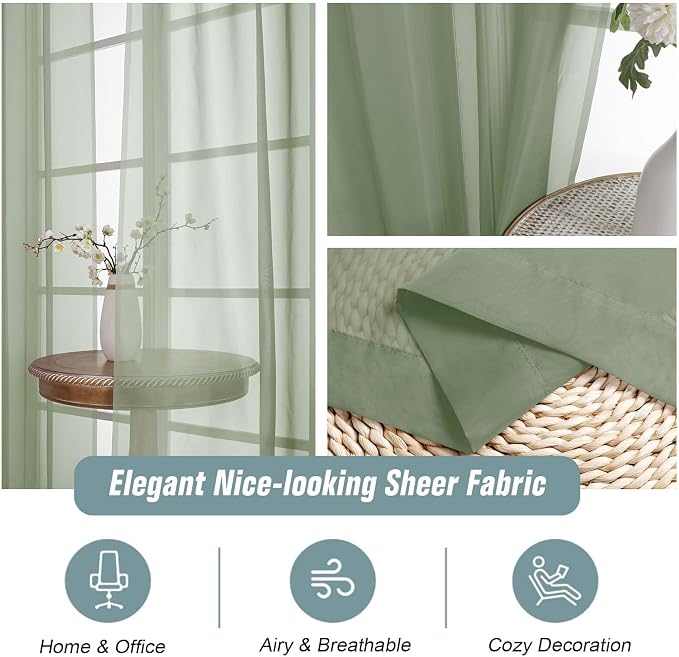 Sage Green Sheer Curtains for Window 96 Inches Long 2 Panels, Soft Airy Light - Image 4
