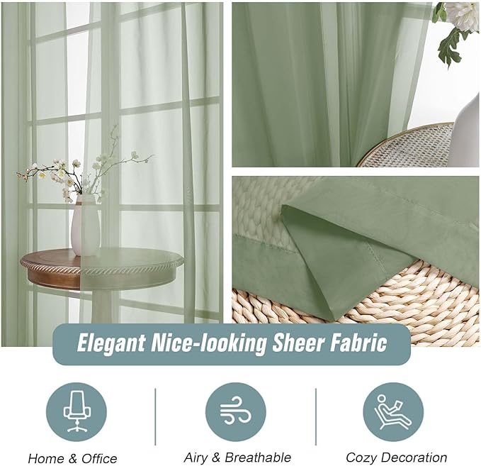 Extra Wide Sage Green Sheer Curtains 90 Inches Long 2 Panels, Light Filtering - Image 4