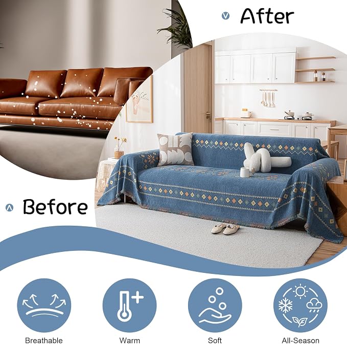 VClife Boho Couch Cover Blue Geometric Jacquard Pattern Sofa Cover, 1 Piece - Image 4