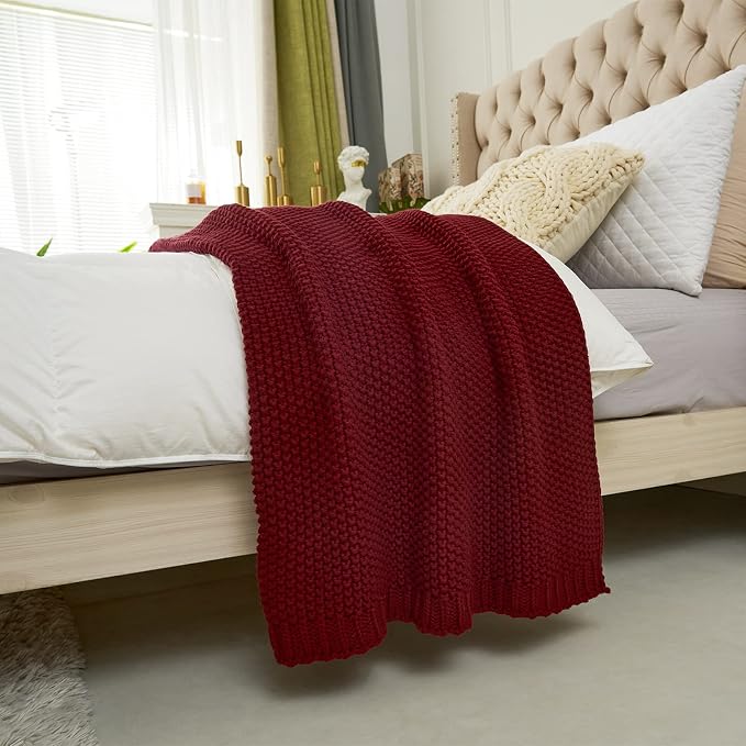 Longhui bedding Chunky Cable Knit Throw Blanket Lightweight Burgundy 100% - Image 9