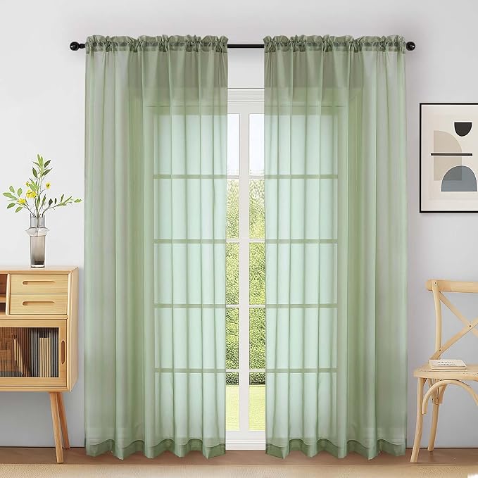 Extra Wide Sheer Sage Green Curtains 84 Inches Long 2 Panels, Soft Airy by Home