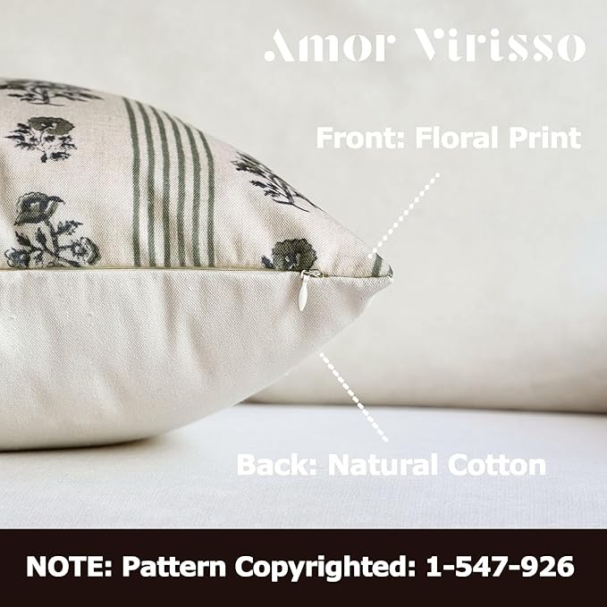 Amor Virisso Floral Throw Pillow Covers 12 x 20 Set of 2 Block Print Pillow - Image 2