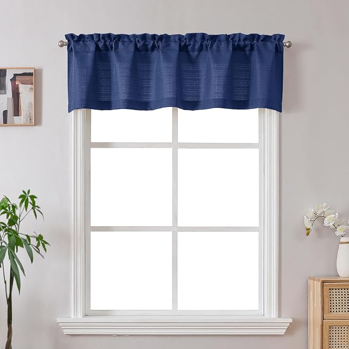 Gwine Blue Valance for Windows, Light Filtering Faux Linen Textured Kitchen by Gwine