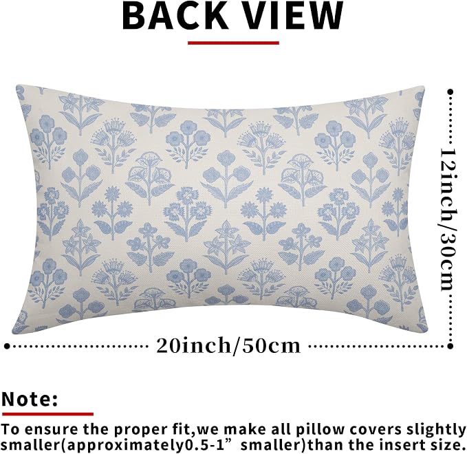 Baby Blue Floral Pillow Covers 12x20 Inch Set of 2, Vintage Flower Block Print - Image 3