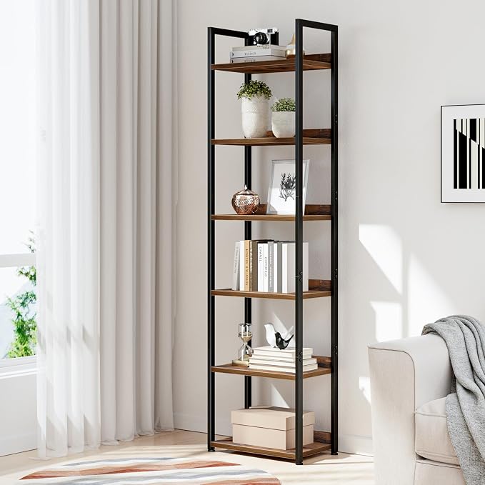 NUMENN Narrow Bookshelf, 6 Tier Bookshelves, Home Office Bookcase Shelf Storage - Image 2