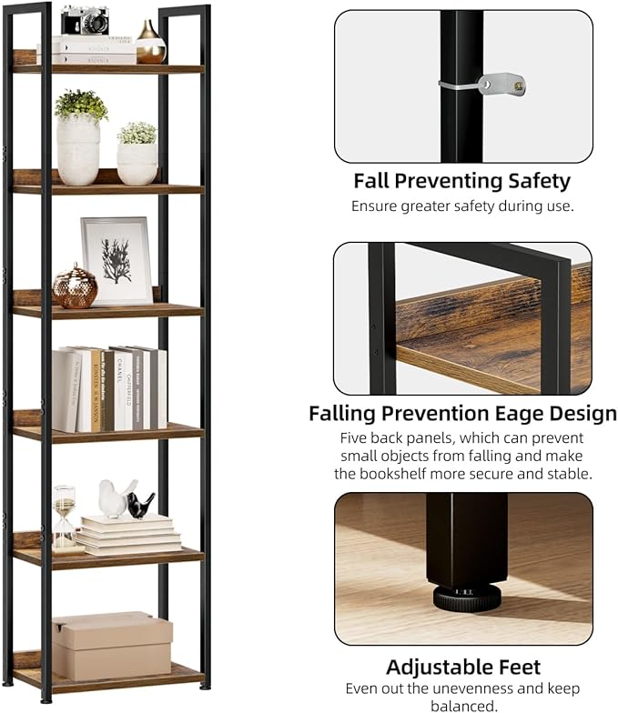 NUMENN Narrow Bookshelf, 6 Tier Bookshelves, Home Office Bookcase Shelf Storage - Image 5