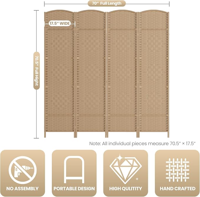 6 ft. Tall Room Divider and Folding Privacy Screen, Weave Fiber Foldable Panel - Image 3