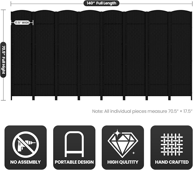 8 Panel Room Divider, 6Ft Folding Privacy Screen, Tall - Image 3