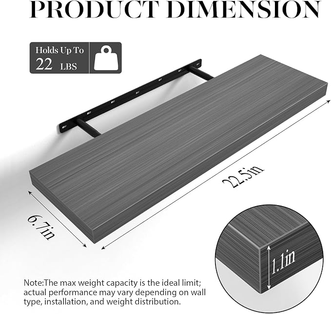 BAYKA Grey Floating Shelves for Wall, 22.5 inches Wall Mounted Rustic Wood - Image 3