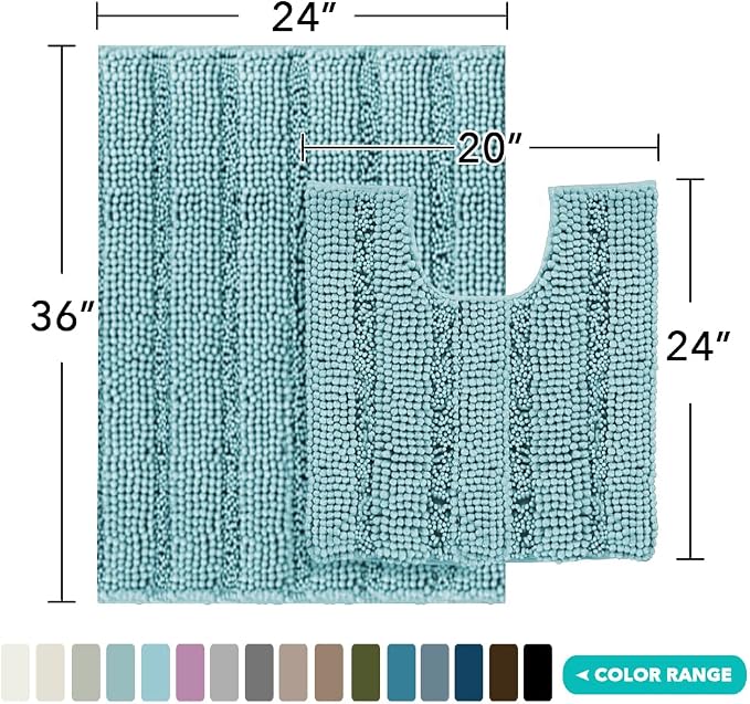 Turquoize Chenille Bathroom Rugs Set Non-Slip Bath Mats - Image 2
