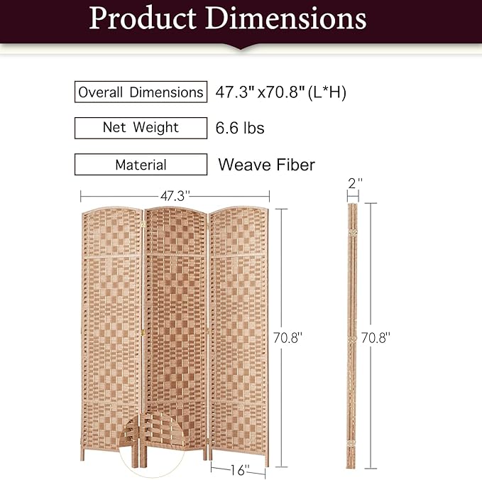 Rose Home Fashion Room Divider 5.6 ft.Tall-15.7" Wide Weave Fiber 3 Panels Room - Image 2