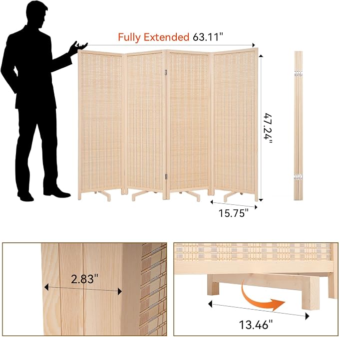 Bamboo Room Divider Panel with 360°Rotating Feet, 4 Panel 47" H Short Folding - Image 2
